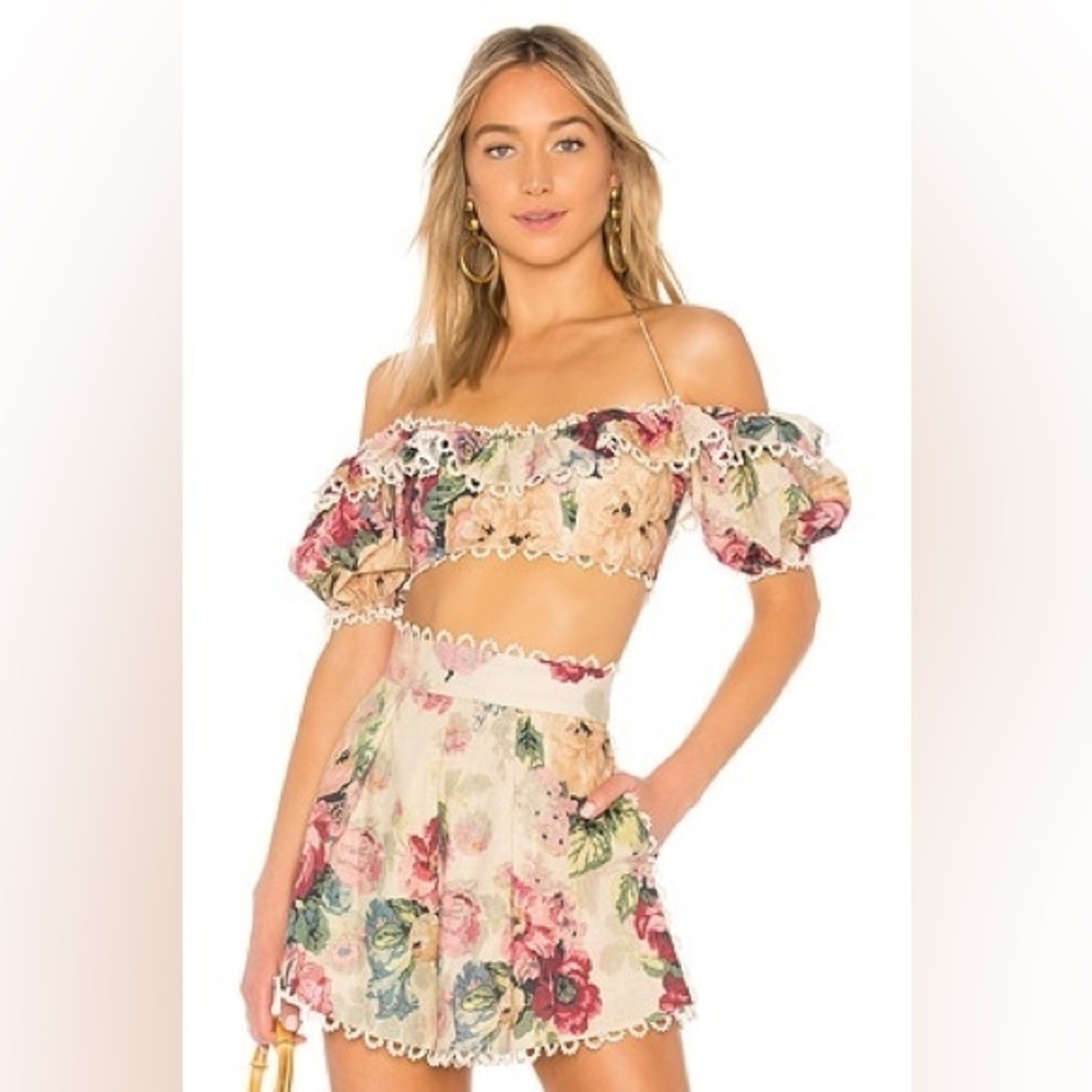 Zimmermann Melody Off the Shoulder Top and High Rise Bottom Set Taupe Floral 1